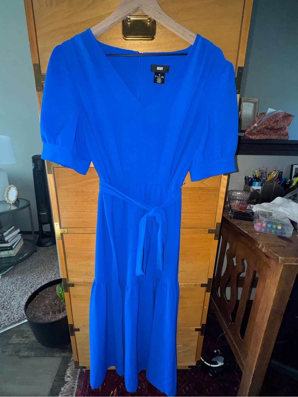 DKNY Bright Blue V‑Neck Midi Dress with Tie Waist
